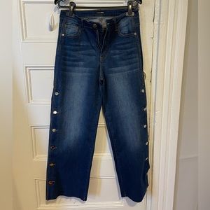 Fashion nova, dark wash, wide, leg, jeans with button detail